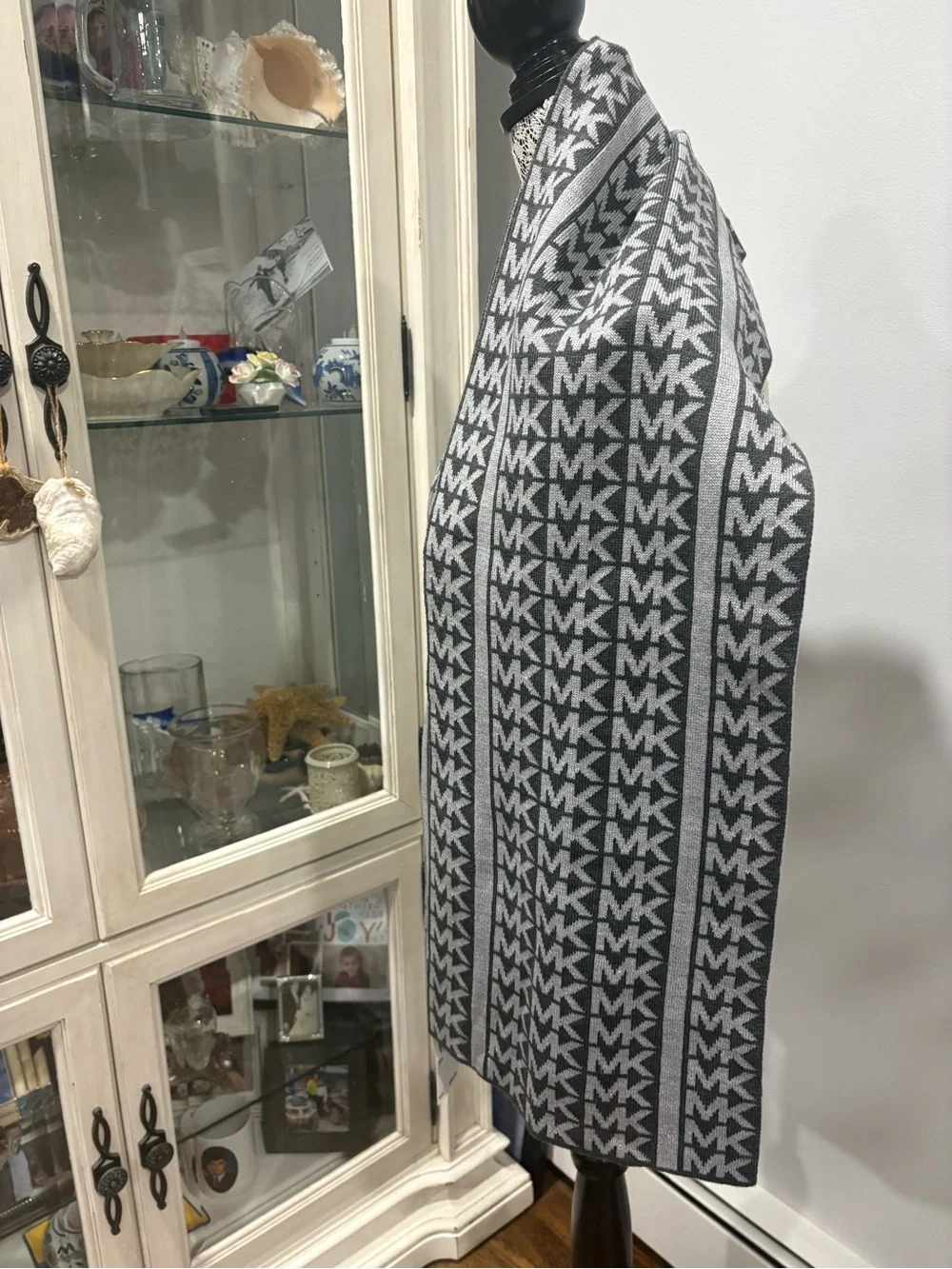 Michael Kors Gray and Dark Gray MK Logo Knit Scarf